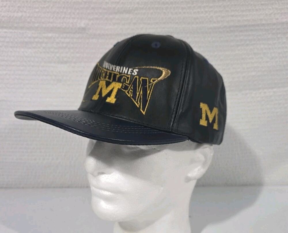 Vintage Michigan Wolverines Black Snapback Hat 90s Modern OSFA NCAA Leather USA